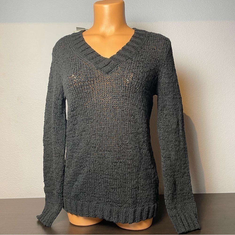 Charter Club Black Cotton V-Neck Knit Sweater Size M (G12)